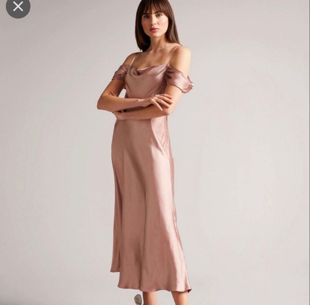 Ted Baker Esta Blush Pink Satin Cowl Cold Shoulder Midi Dress Size 0